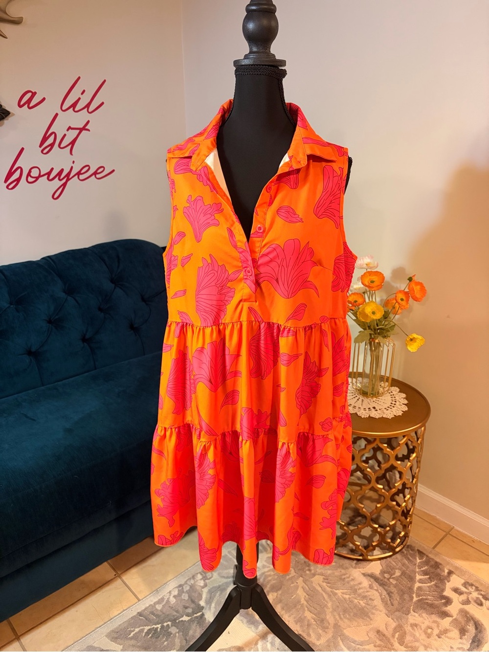 SHEIN Bright Orange & Pink Floral Tiered Sleeveless Dress